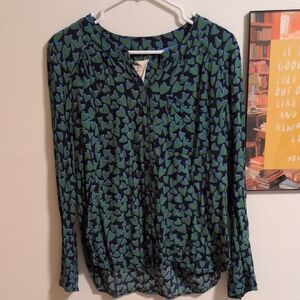 Anthropologie Navy Blouse with Green Heart Print